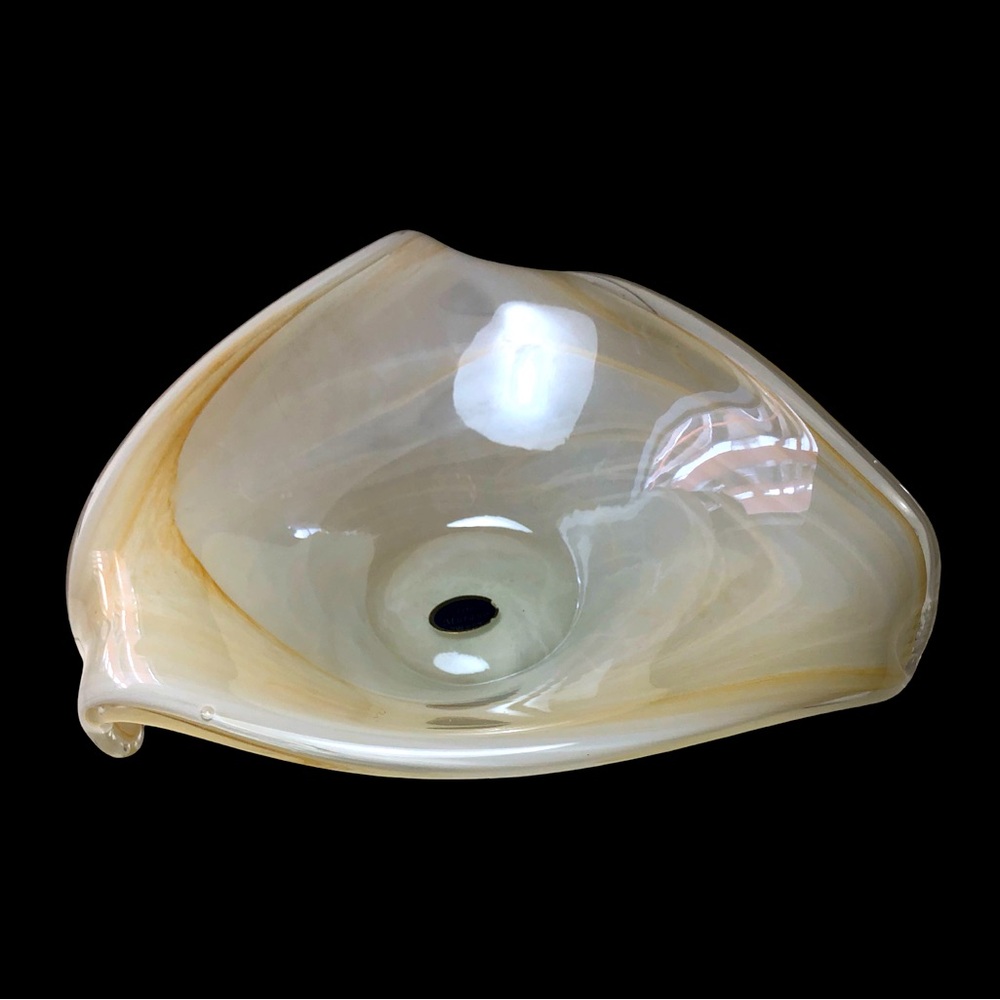 Vintage Murano Art Glass Bowl Lavorazione Cream Swirl Organic Folded Dish